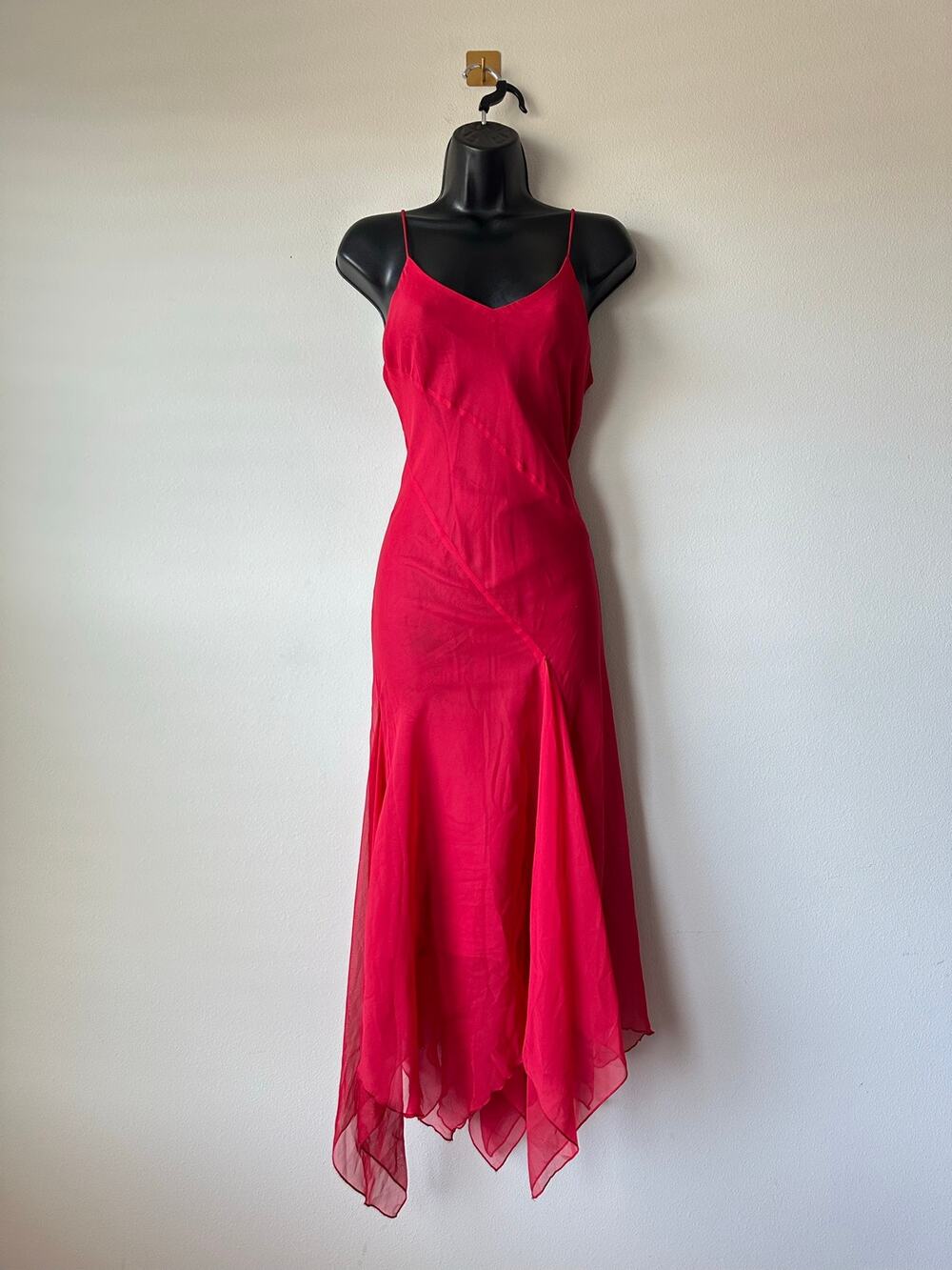 Vintage Y2K Handkerchief Hem Slip Dress Bias Cut Red Sheer Overlay Fairy 9/10